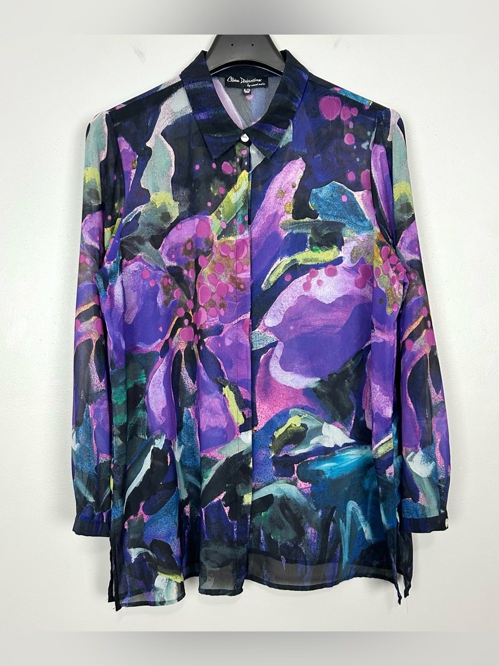 Claire Desjardins Art Printed Tunic Shirt Women’s Size XL Button Up Semi Sheer